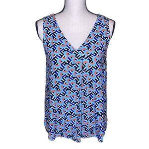 Kaari Blue Sleeveless V-Neck Patterned Shirt Size XS